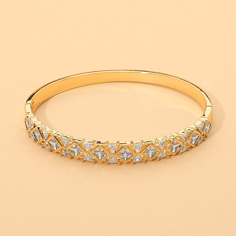 18K Gold Dipped Geometric Crystal Hinged Bangle Bracelet