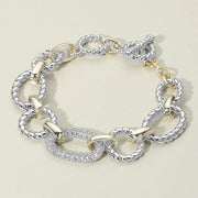 14K Gold Plated CZ Stone Paved Link Accent Two Tone Chunky Chain Link Bracelet