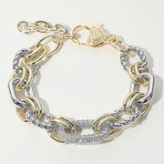 14K Gold Plated Two Tone CZ Stone Paved Oval Link Accent Mixed Chain Bracelet
