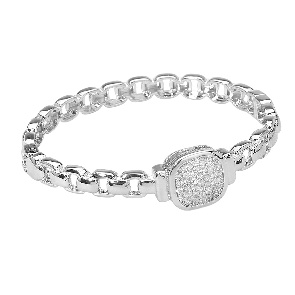 CZ Stone Paved Square Center Accent Hinged Bangle Bracelet