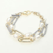 14K Gold Plated Two Tone Mixed Chain Pearl Link Layered Bracelet