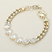 14K Gold Plated Oval CZ Stone Station Chain Bracelet