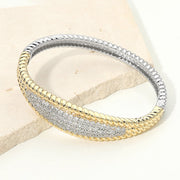 14K Gold Plated Two Tone CZ Pave Center Hinged Bangle Bracelet