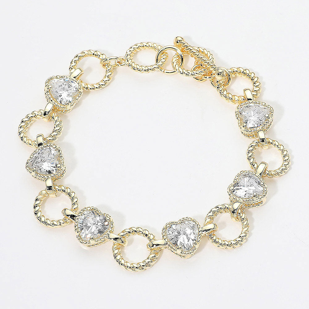 14K Gold Plated CZ Heart Charm Link Toggle Bracelet