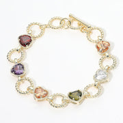 14K Gold Plated CZ Heart Charm Link Toggle Bracelet