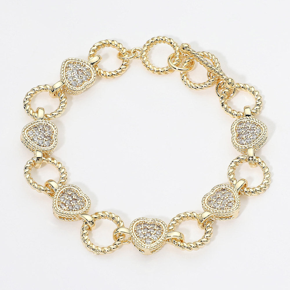 14K Gold Plated CZ Heart Charm Link Toggle Bracelet