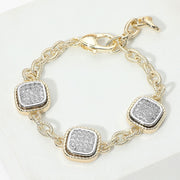 14K Gold Plated Two Tone CZ Pave Square Charm Link Bracelet