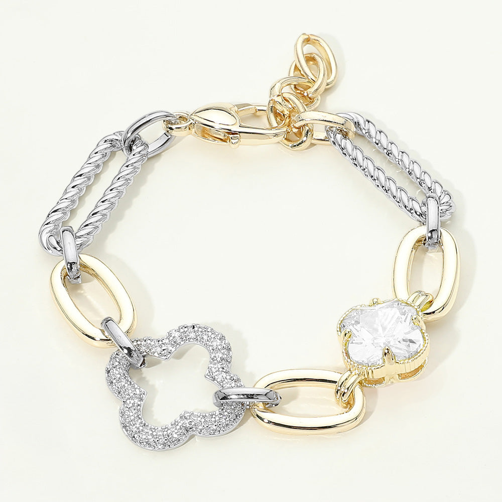 14K Gold Plated CZ Stone Double Clover Accent Oval Link Chain Bracelet