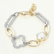 14K Gold Plated CZ Stone Double Clover Accent Oval Link Chain Bracelet