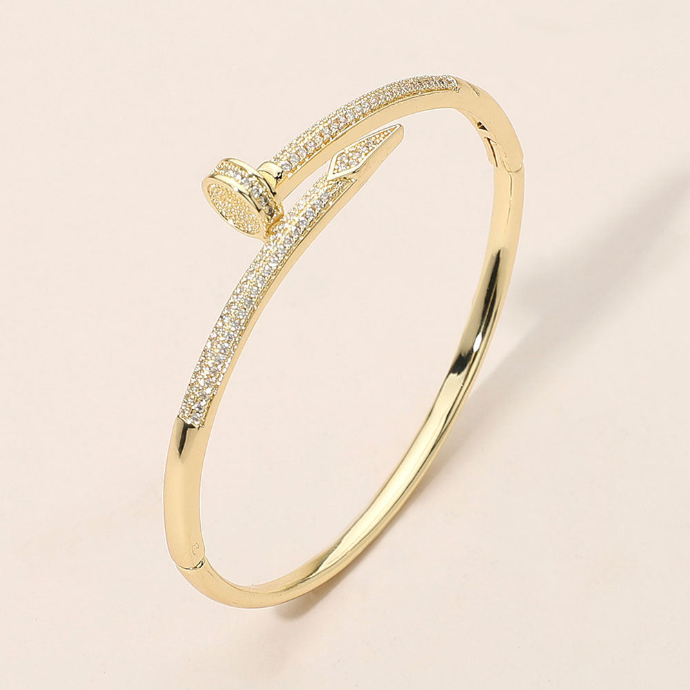 CZ Stone Paved Nailhead Accent Hinged Bangle Bracelet