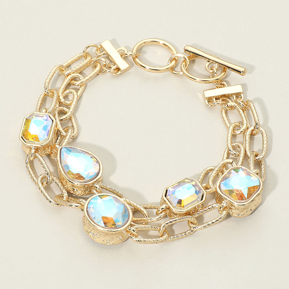 Faceted Oval Teardrop Rectangular Stone Cluster Link Metal Chain Layered Bracelet