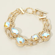 Faceted Oval Teardrop Rectangular Stone Cluster Link Metal Chain Layered Bracelet