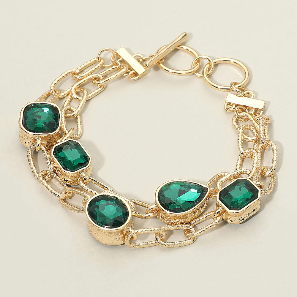 Faceted Oval Teardrop Rectangular Stone Cluster Link Metal Chain Layered Bracelet