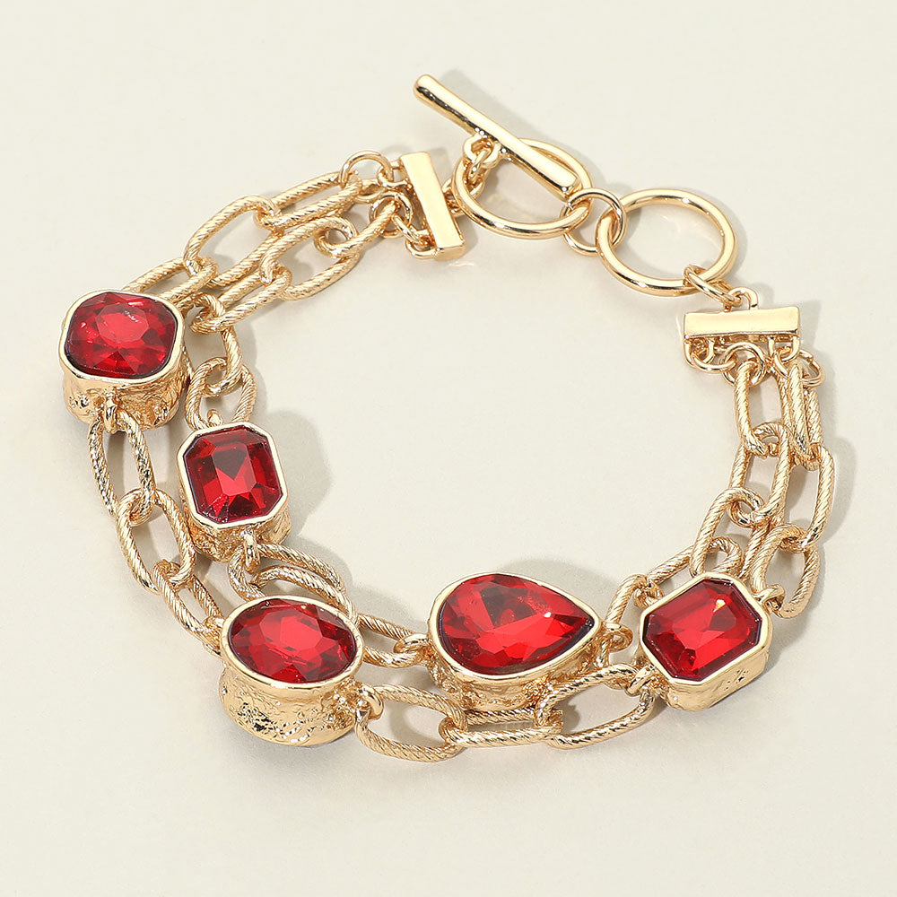 Faceted Oval Teardrop Rectangular Stone Cluster Link Metal Chain Layered Bracelet