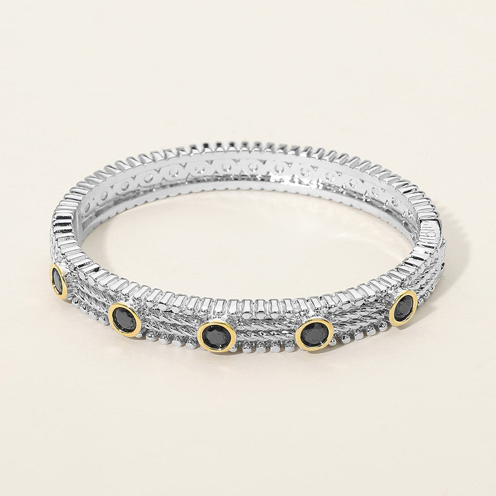 14K Gold Plated CZ Bezel Station Accent Textured Hinged Bangle Bracelet