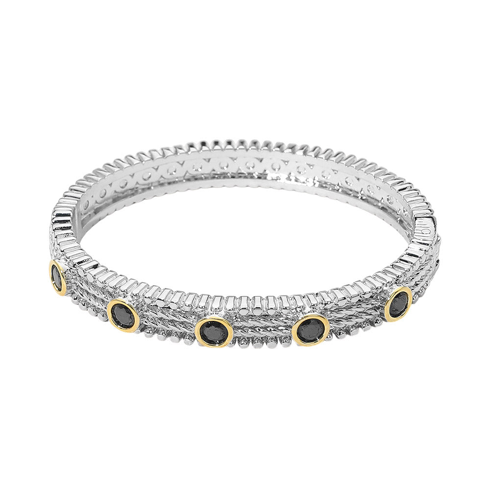 14K Gold Plated CZ Bezel Station Accent Textured Hinged Bangle Bracelet