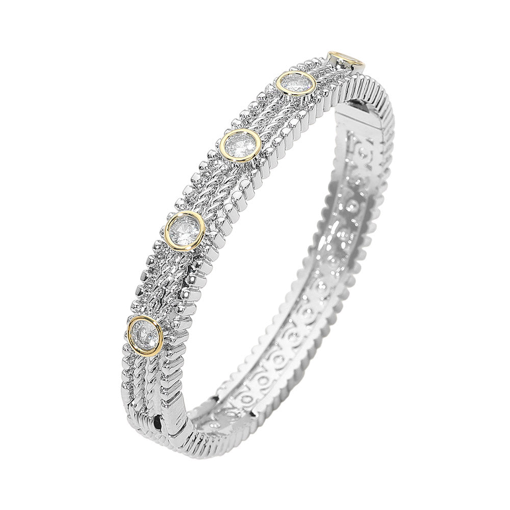 14K Gold Plated CZ Bezel Station Accent Textured Hinged Bangle Bracelet