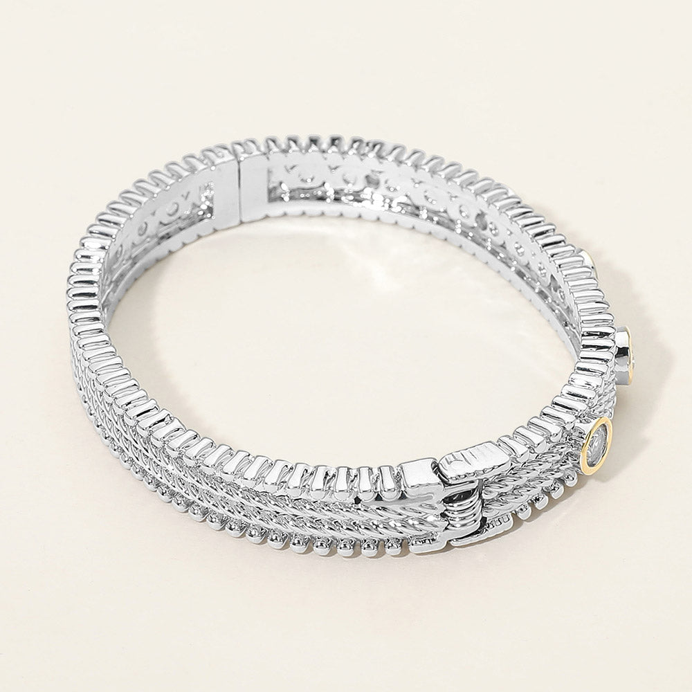 14K Gold Plated CZ Bezel Station Accent Textured Hinged Bangle Bracelet