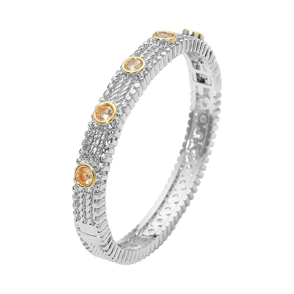 14K Gold Plated CZ Bezel Station Accent Textured Hinged Bangle Bracelet