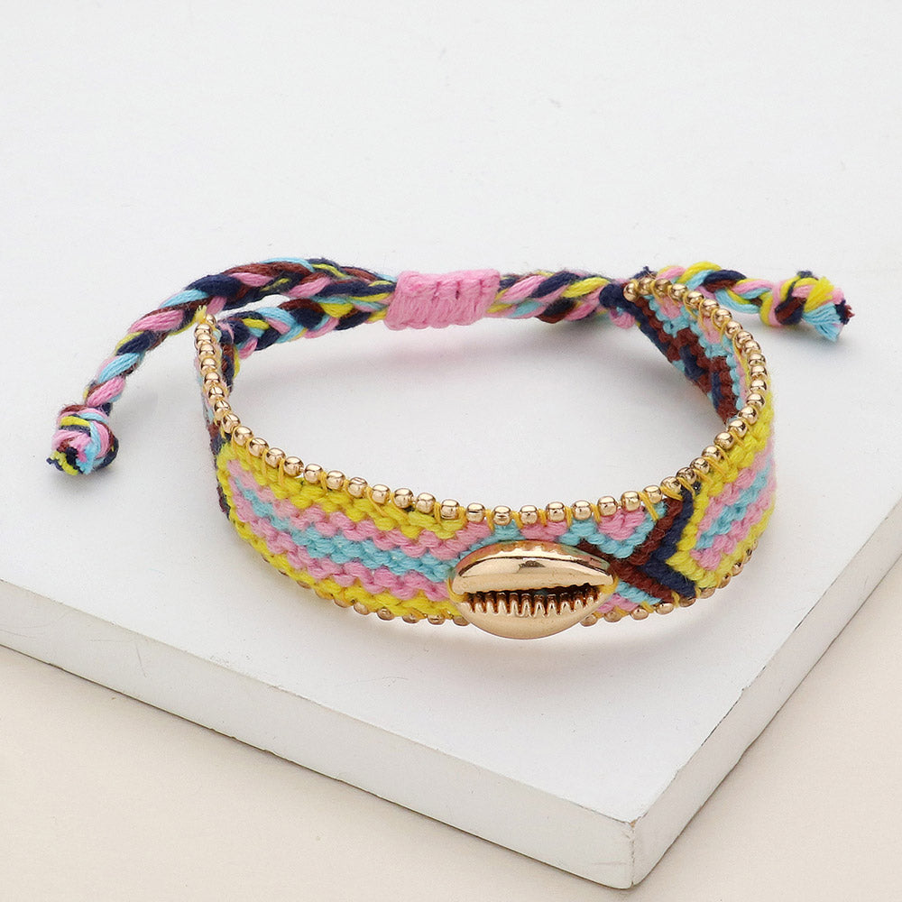 Metal Puka Shell Pointed Aztec Pattern Threaded Adjustable Cinch Pull Tie Bracelet