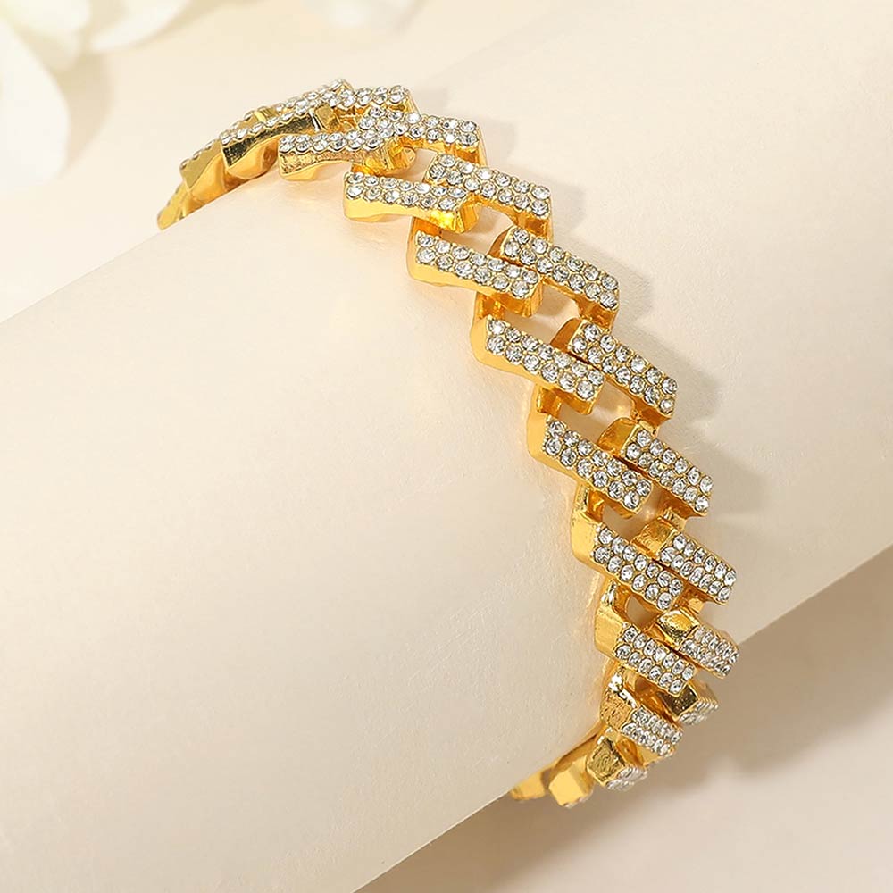 Bold 15mm Rhinestone Pave Zigzag Cuban Link Chain Bracelet