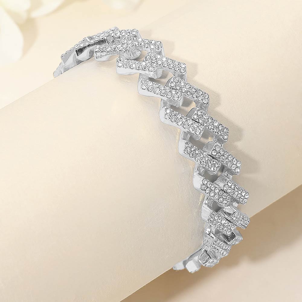 Bold 15mm Rhinestone Pave Zigzag Cuban Link Chain Bracelet