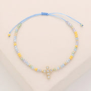 CZ Stone Pointed Cross Pendant Faceted Beaded Cinch Pull Tie Bracelet