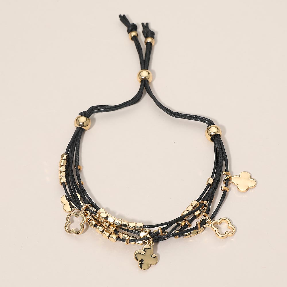 Quatrefoil Charm Beaded Multi Layered Cord Adjustable Cinch Pull Tie Bracelet