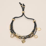 Quatrefoil Charm Beaded Multi Layered Cord Adjustable Cinch Pull Tie Bracelet