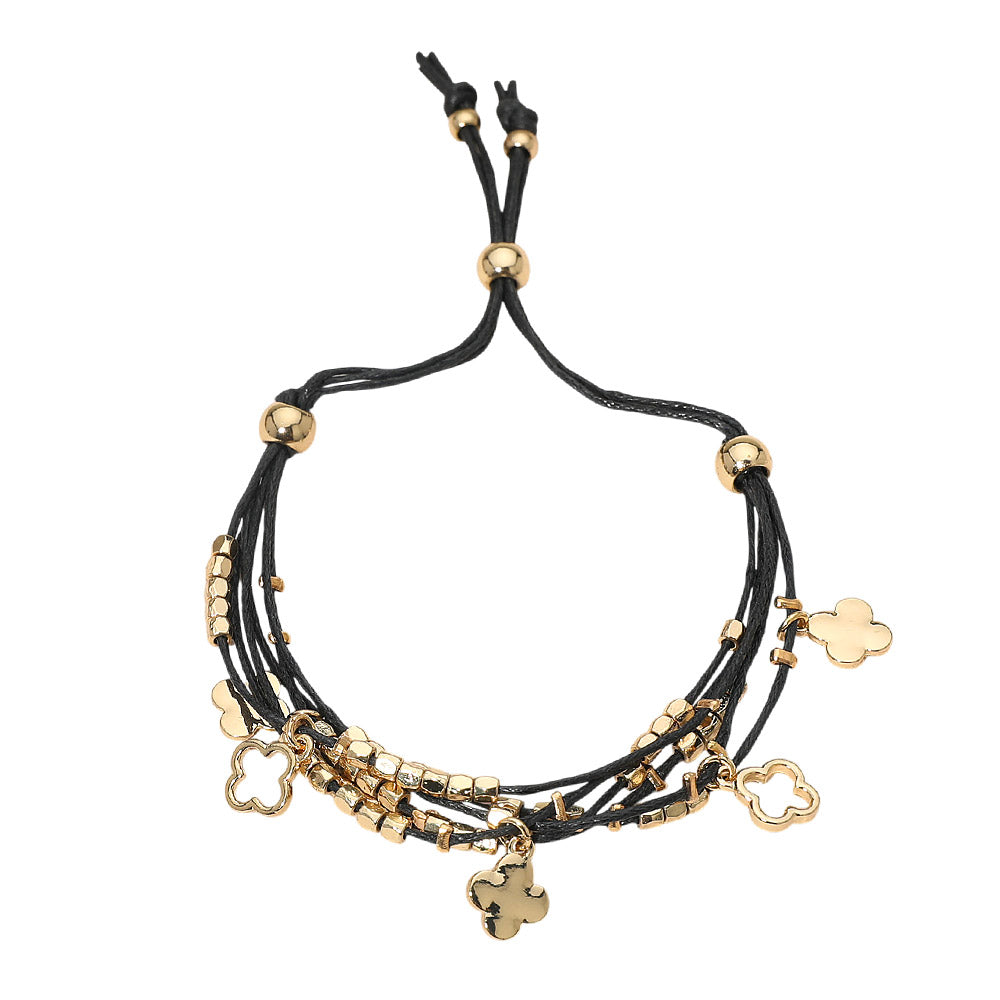 Quatrefoil Charm Beaded Multi Layered Cord Adjustable Cinch Pull Tie Bracelet