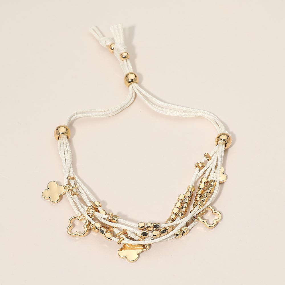 Quatrefoil Charm Beaded Multi Layered Cord Adjustable Cinch Pull Tie Bracelet