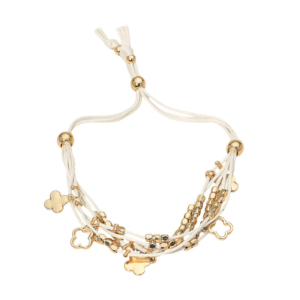 Quatrefoil Charm Beaded Multi Layered Cord Adjustable Cinch Pull Tie Bracelet