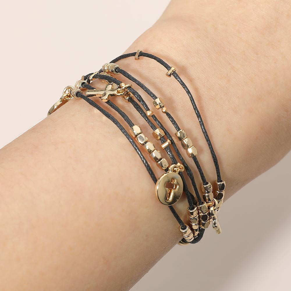 Cross Charm Beaded Multi Layered Cord Adjustable Cinch Pull Tie Bracelet