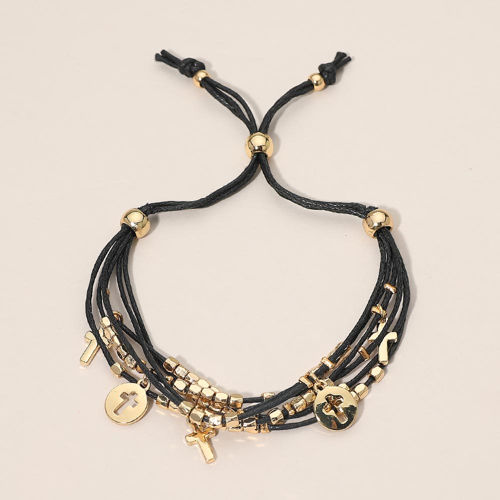 Cross Charm Beaded Multi Layered Cord Adjustable Cinch Pull Tie Bracelet