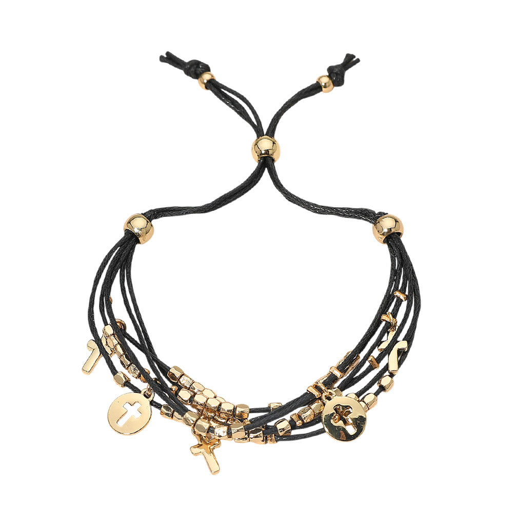 Cross Charm Beaded Multi Layered Cord Adjustable Cinch Pull Tie Bracelet