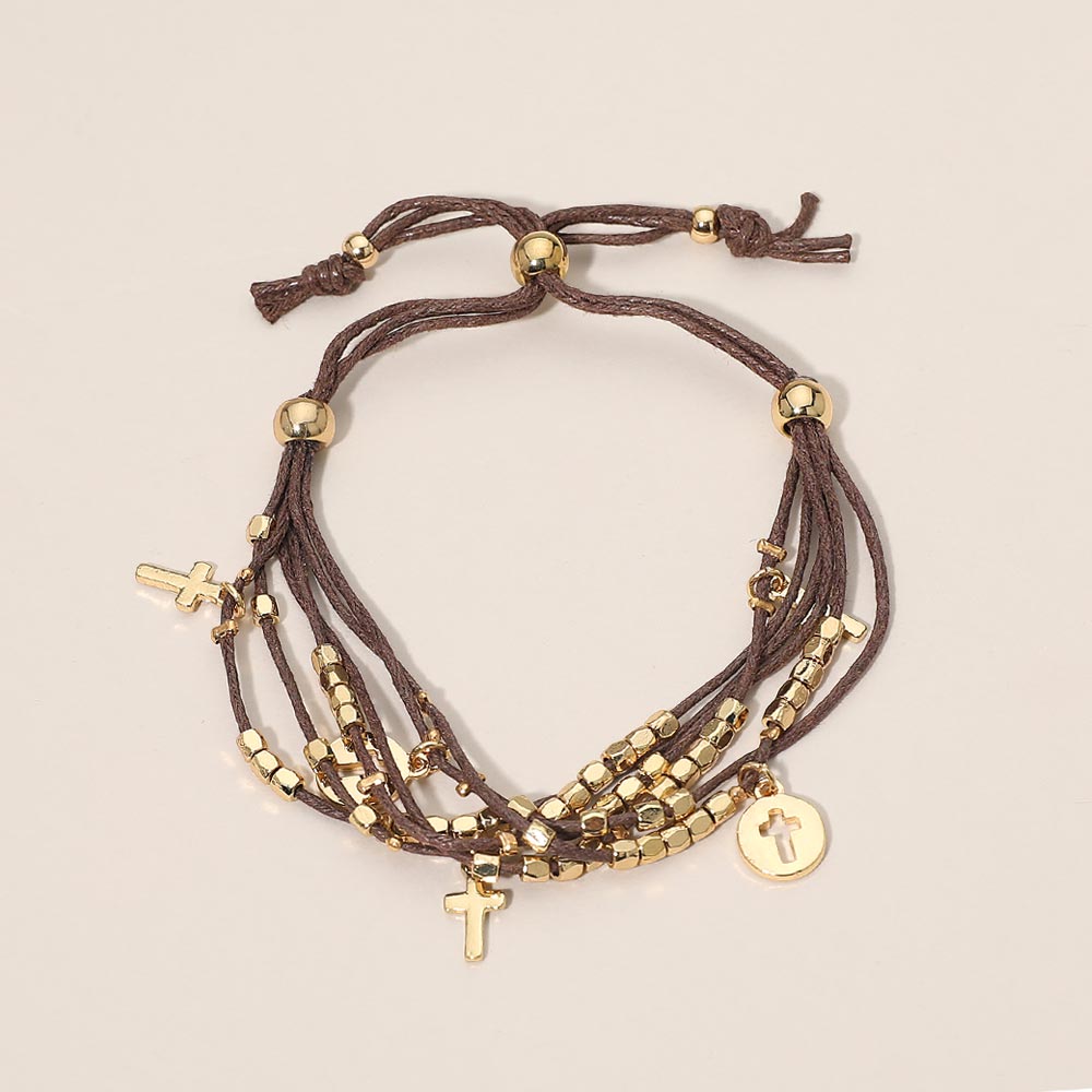 Cross Charm Beaded Multi Layered Cord Adjustable Cinch Pull Tie Bracelet