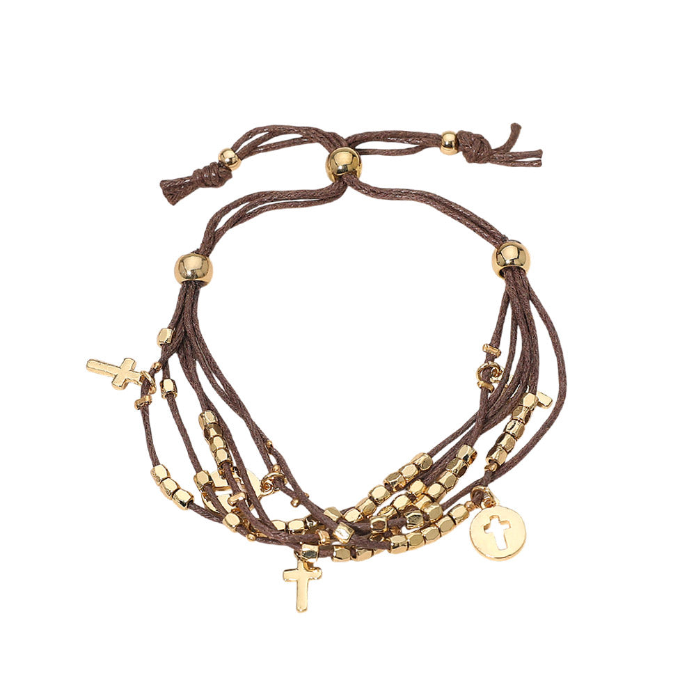 Cross Charm Beaded Multi Layered Cord Adjustable Cinch Pull Tie Bracelet