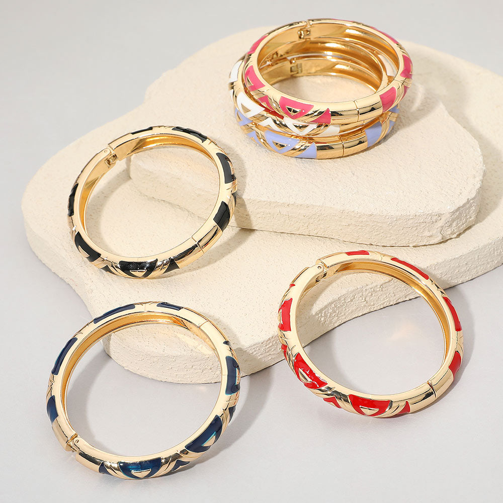 Geometric Pattern Enamel Inlay Hinged Bangle Bracelet