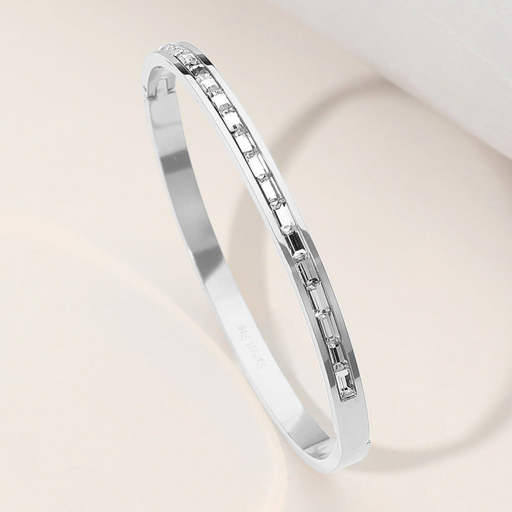 Stainless Steel Baguette Stone Paved Hinged Bangle Bracelet