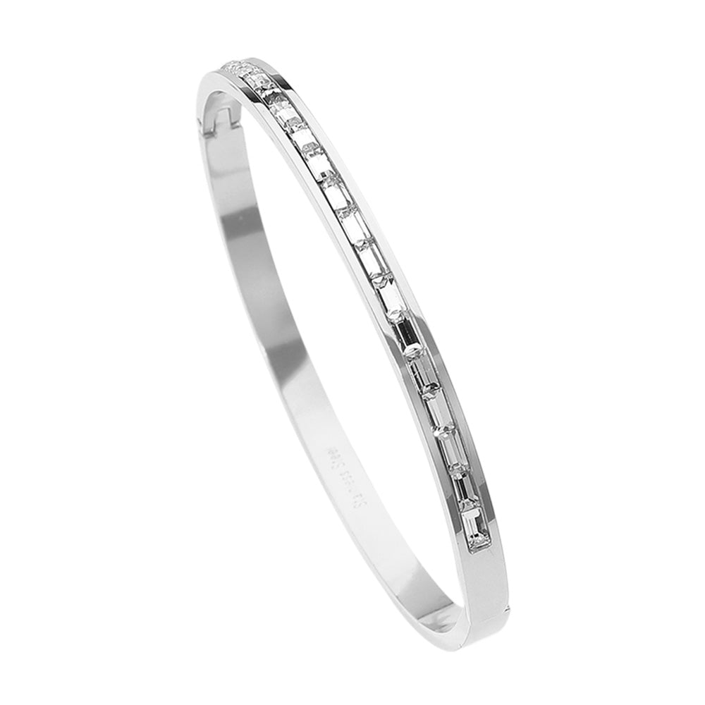 Stainless Steel Baguette Stone Paved Hinged Bangle Bracelet