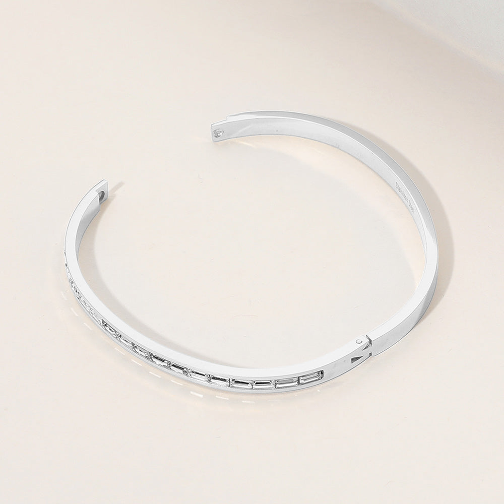 Stainless Steel Baguette Stone Paved Hinged Bangle Bracelet