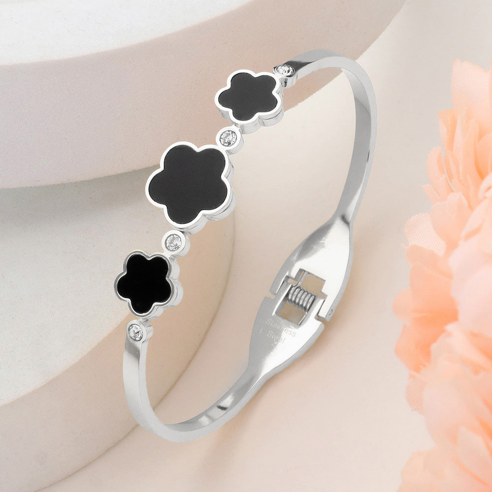 Stainless Steel Triple Quatrefoil Stone Bezel Pointed Hinged Bangel Bracelet