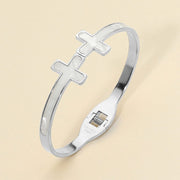 Stainless Steel Mother of Pearl Double Cross Tip Hinged Bangle Bracelet