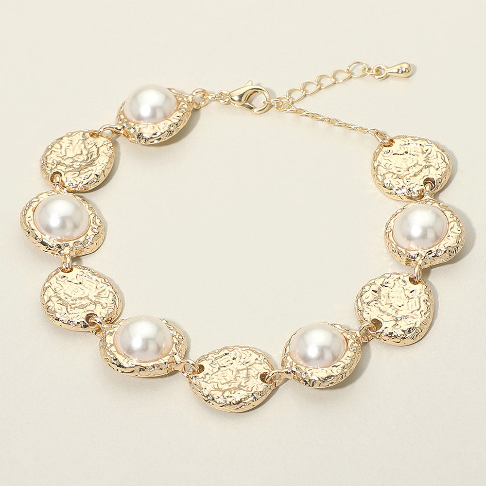 Pearl Accent Textured Disc Link Bracelet
