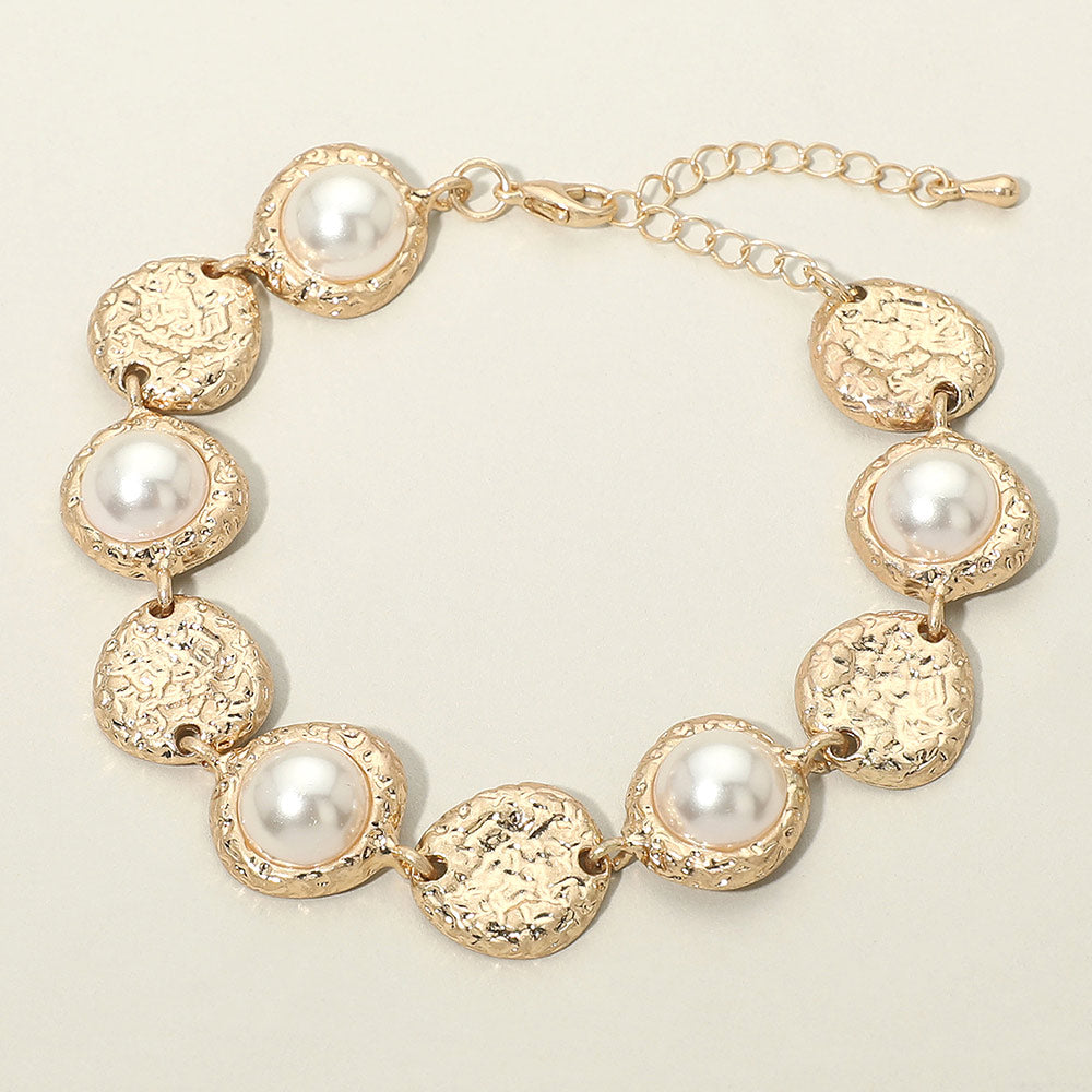 Pearl Accent Textured Disc Link Bracelet