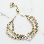 Stone Paved Star Pointed Beaded Triple Layered Pull Tie Cinch Bracelet