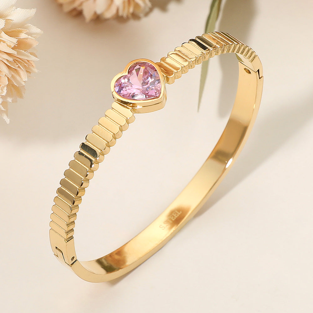 Stainless Steel Heart Stone Accent Hinged Bangle Bracelet