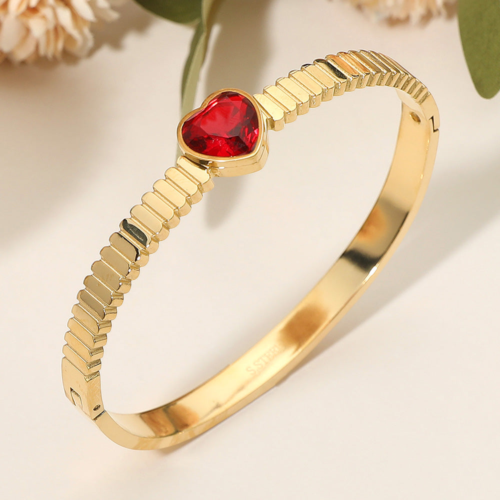 Stainless Steel Heart Stone Accent Hinged Bangle Bracelet