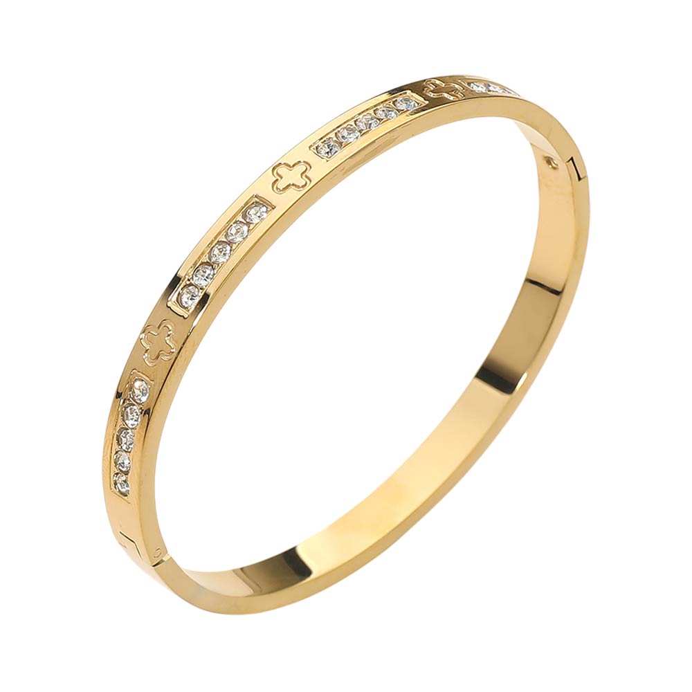 Stainless Steel CZ Accent Quatrefoil Engraved Hinged Bangle Bracelet
