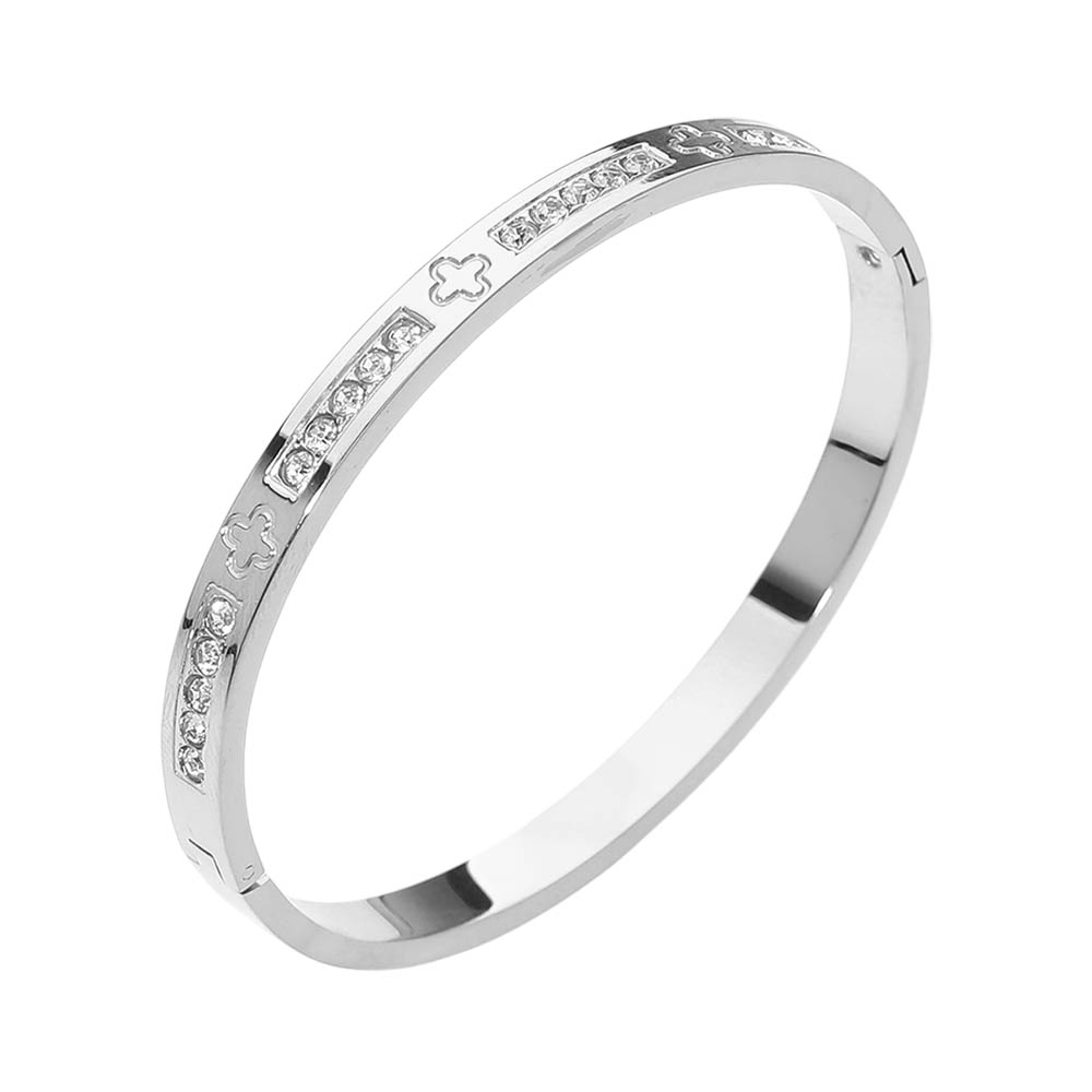 Stainless Steel CZ Accent Quatrefoil Engraved Hinged Bangle Bracelet